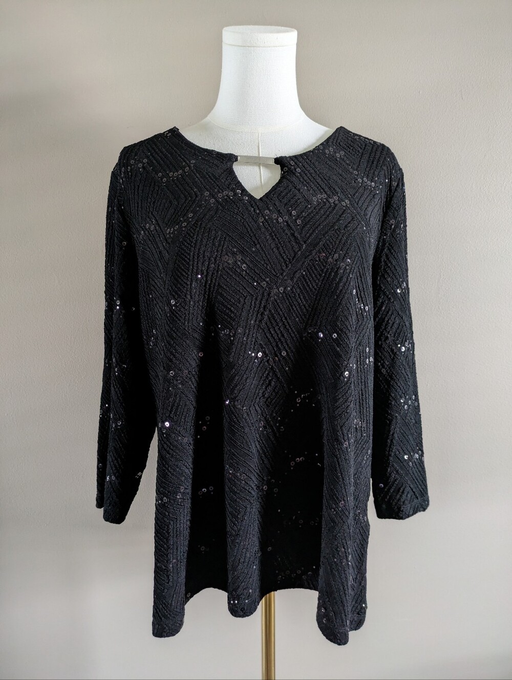 JM Collection Black Sequins 3/4 Sleeve Keyhole Neck Tunic Top Large